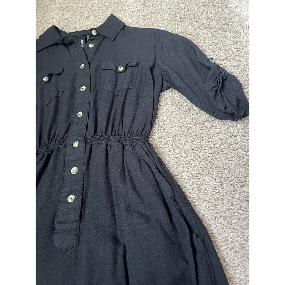 Fun & Flirt Shirt Dress Womens Small Black Roll Tab Sleeve‎ Elastic Waist Pocket - Picture 2 of 5